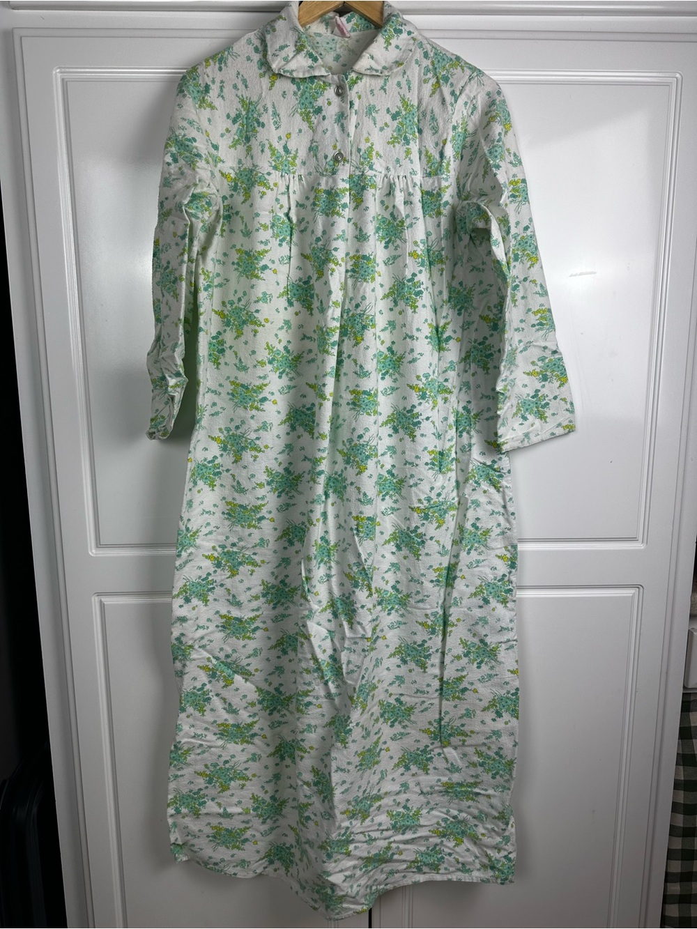 Vintage Sears Flannel 100% cotton White Nightgown with Green/Blue Floral Print